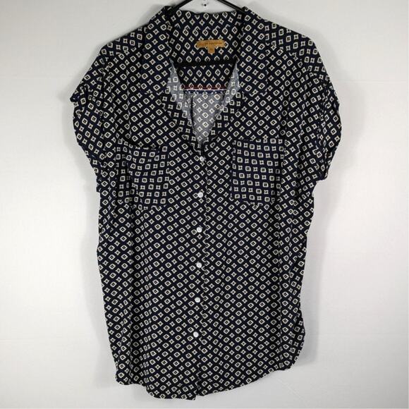 Jachs Girlfriend XL Navy White Geometric Print Button Front Short Sleeve Blouse - Picture 1 of 4